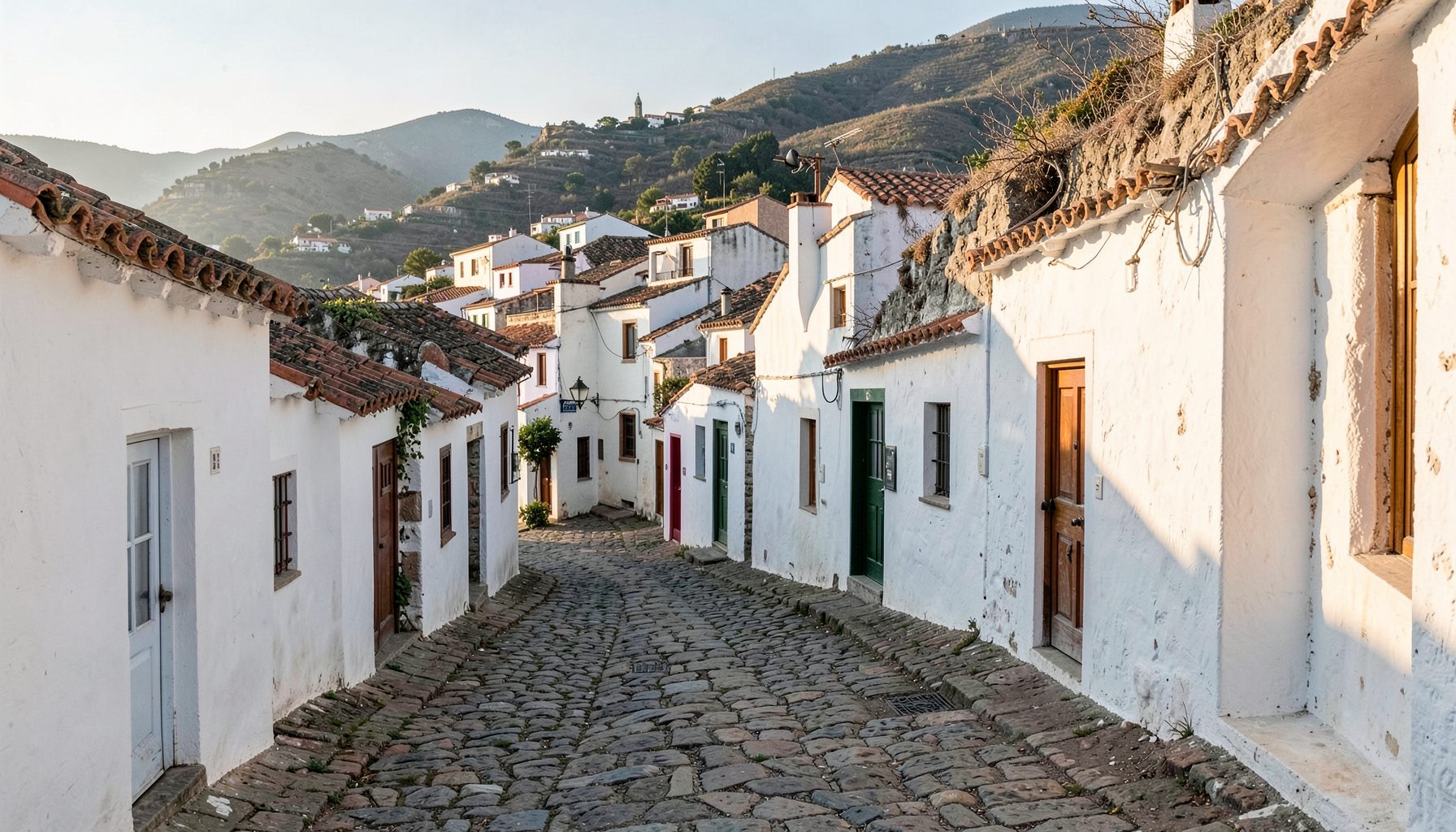 Stone-paved street in a small hillside town with traditional whitewashed buildings and terracotta roofs, warm afternoon light